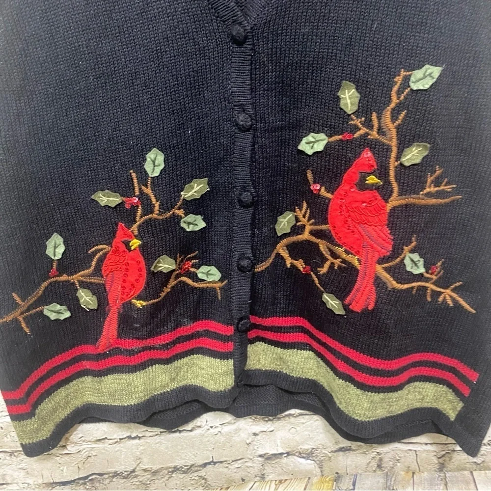 Tiara International Christmas Collection Black Red Bird Cardigan Sweater